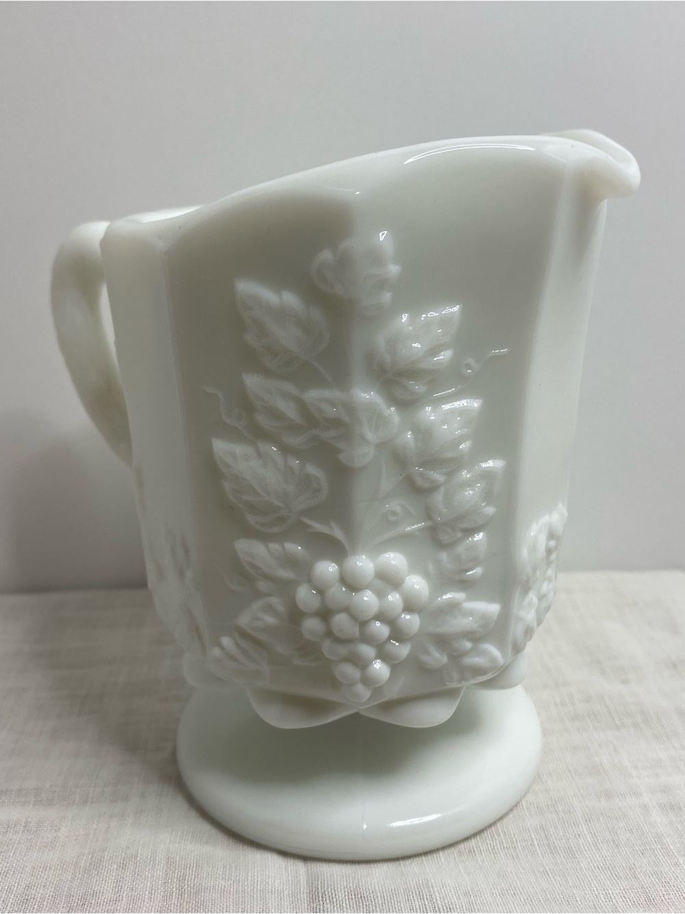 Westmoreland Milk Glass Paneled Grape Pedestal Creamer Embossed Signed